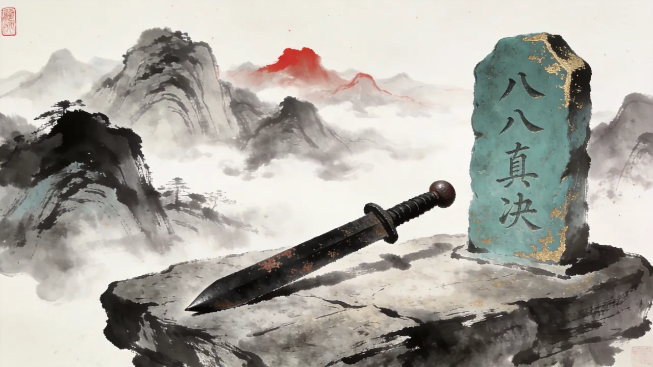 剑冢石台上的玄铁重剑，青石刻着八字真诀