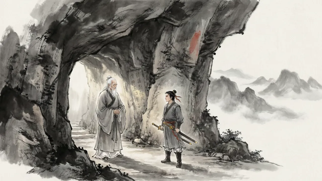 思过崖后洞，白发前辈负手而立，少年持剑凝神听教