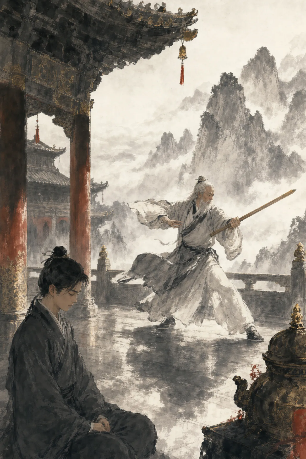 武当殿上，老道人缓缓演一路剑法，少年垂首默想