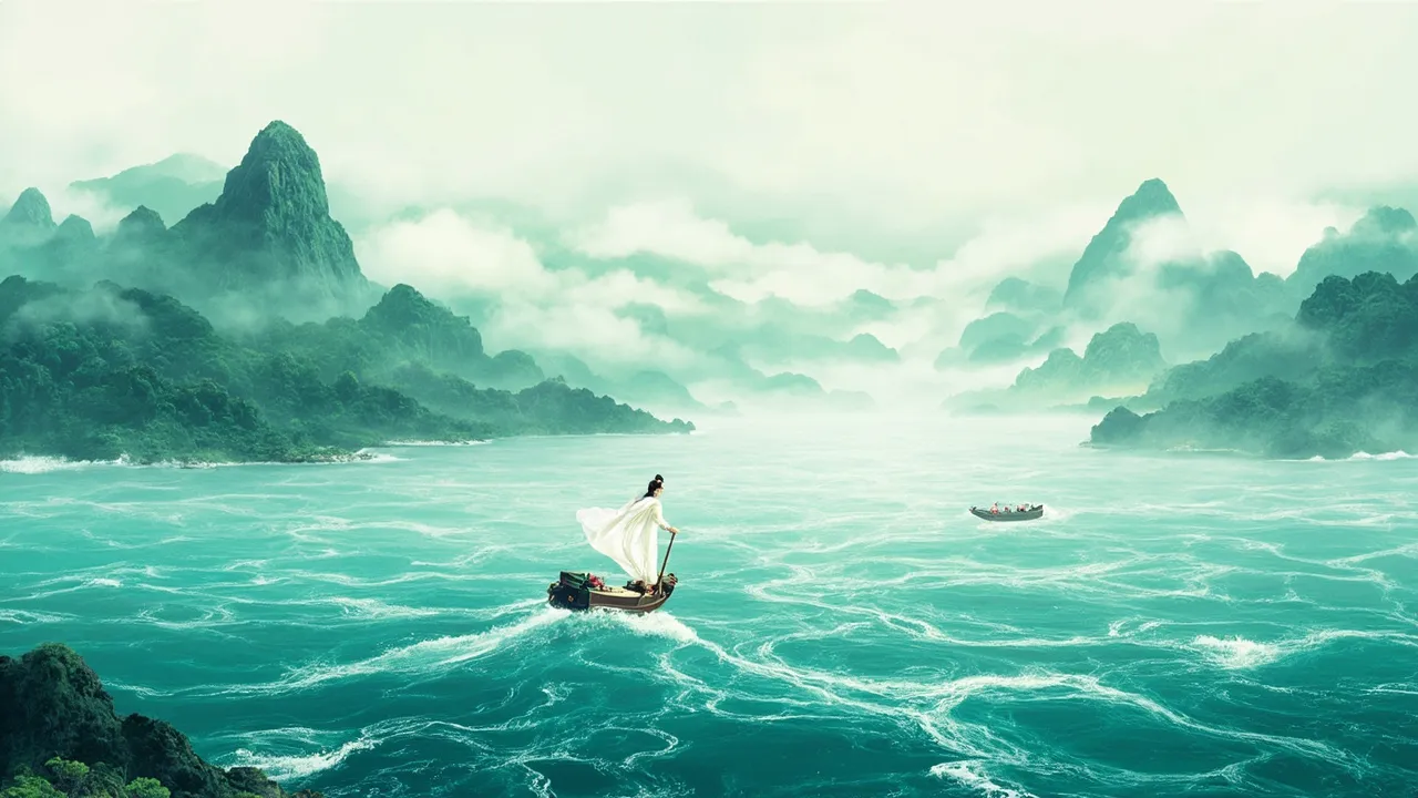 云海之上，一叶轻舟破浪，白衣人踏水而行，身姿从容