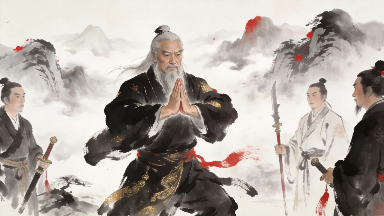 张三丰于武当山缓缓演拳,双掌圆转如抱太极