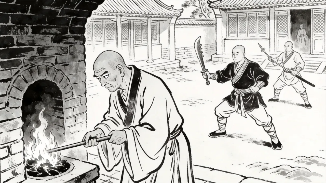 香积厨灶火之前，一名头陀低头烧火，眼角却斜觑着院中练武的僧人