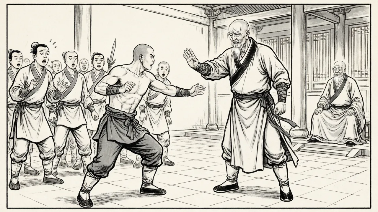 少林大较之日，一头陀立于堂中，四周僧人惊怒围拢，首座离座而起