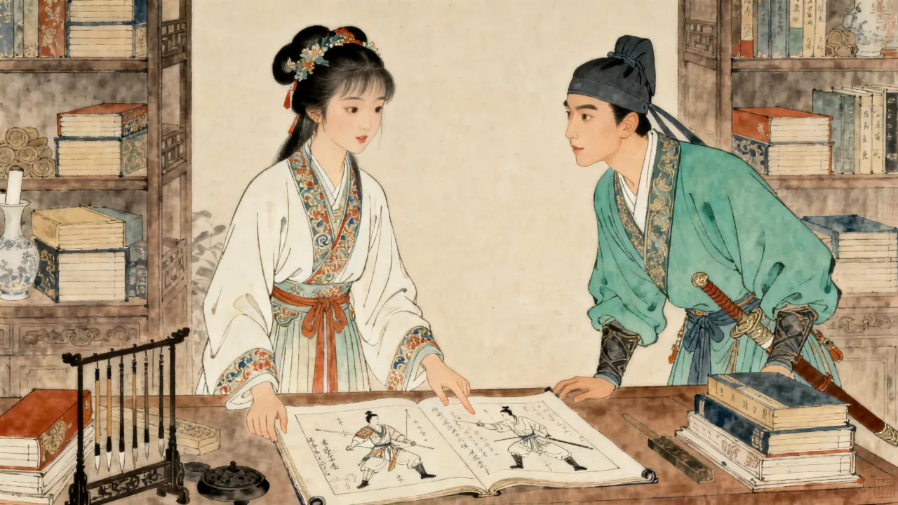工笔重彩：书阁深处，一位素衣少女端坐书案前，四壁尽是武学典籍，案上摊开一卷图谱，窗外庭中有人比武，她只是抬眼看着
