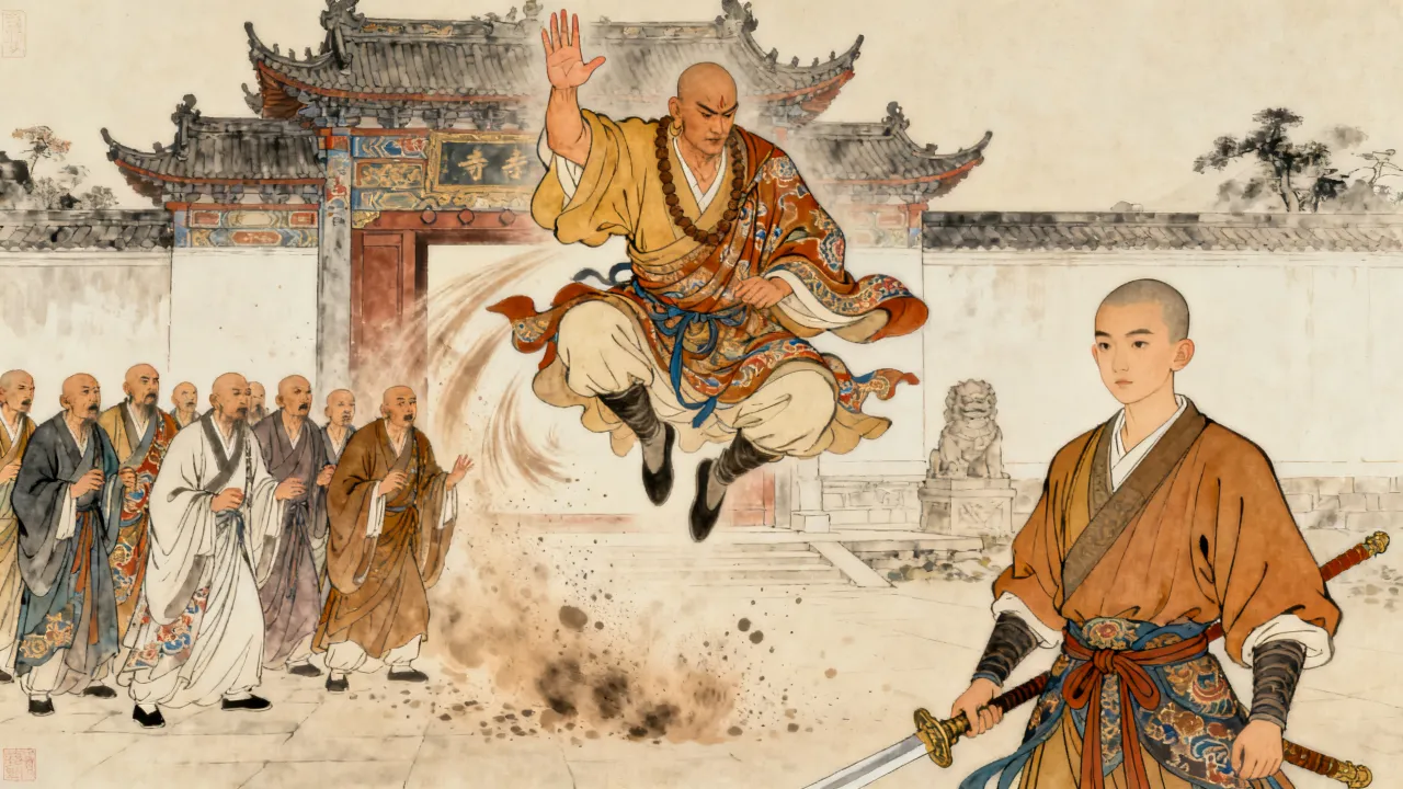 工笔重彩：一名僧人立于寺门前挥掌，掌风凌厉，身后众僧神色骇然，唯有一名年轻和尚静立不动，目光平静地看穿他