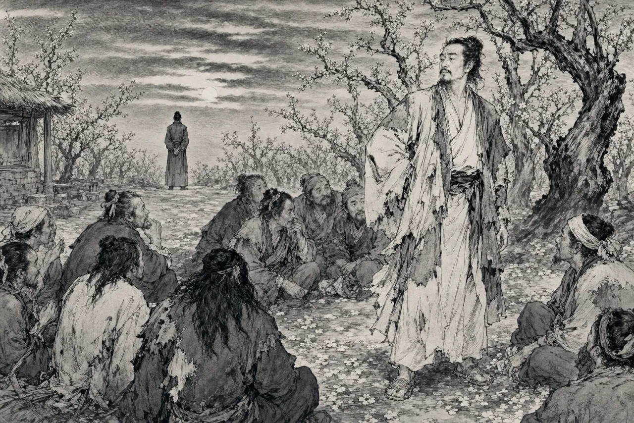 连环画线描：暮色杏子林中，一名清雅中年丐者立于人群东侧，众丐环坐，气氛凝滞，正中一人负手而立