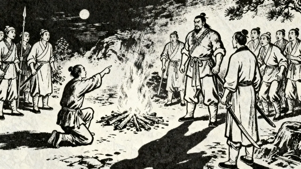 连环画线描：一名跪地的丐者昂首怒指，面前立着一位魁梧汉子，四周群丐或惊或惧，火堆映着满地阴影