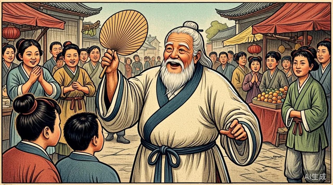 木版年画：市集之上，一个矮胖花白胡子的老者手摇大蒲扇，正对着一群围观者比划吹嘘，众人面露惊叹