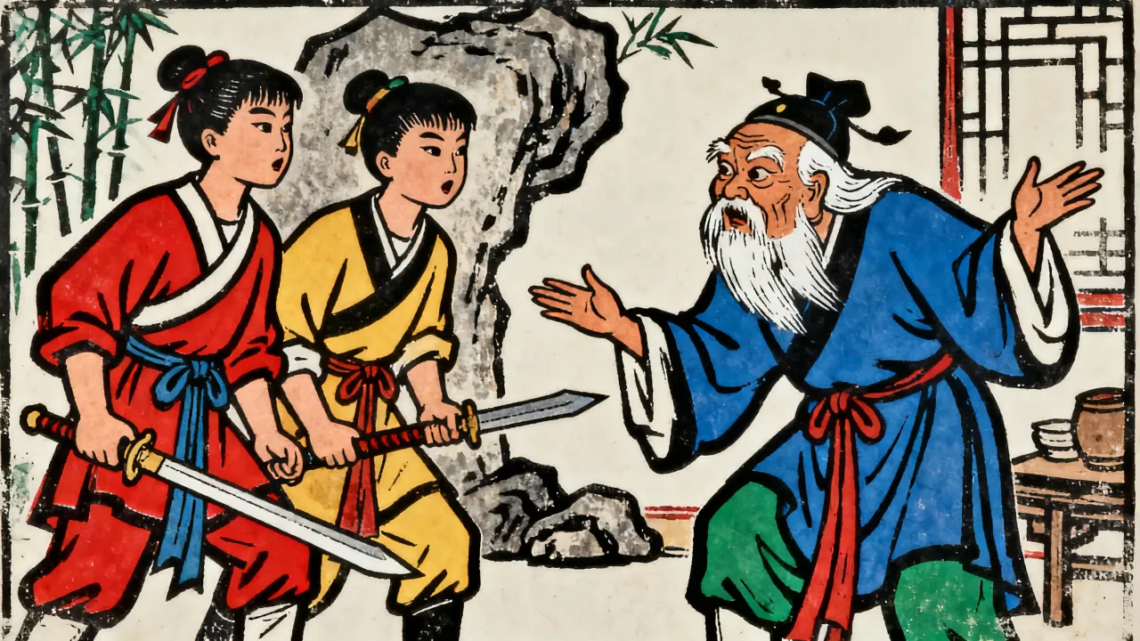 木版年画：石室之内，一男一女两个少年当面戳穿老者，老者摊手耸肩、面皮不改，作狡辩之态