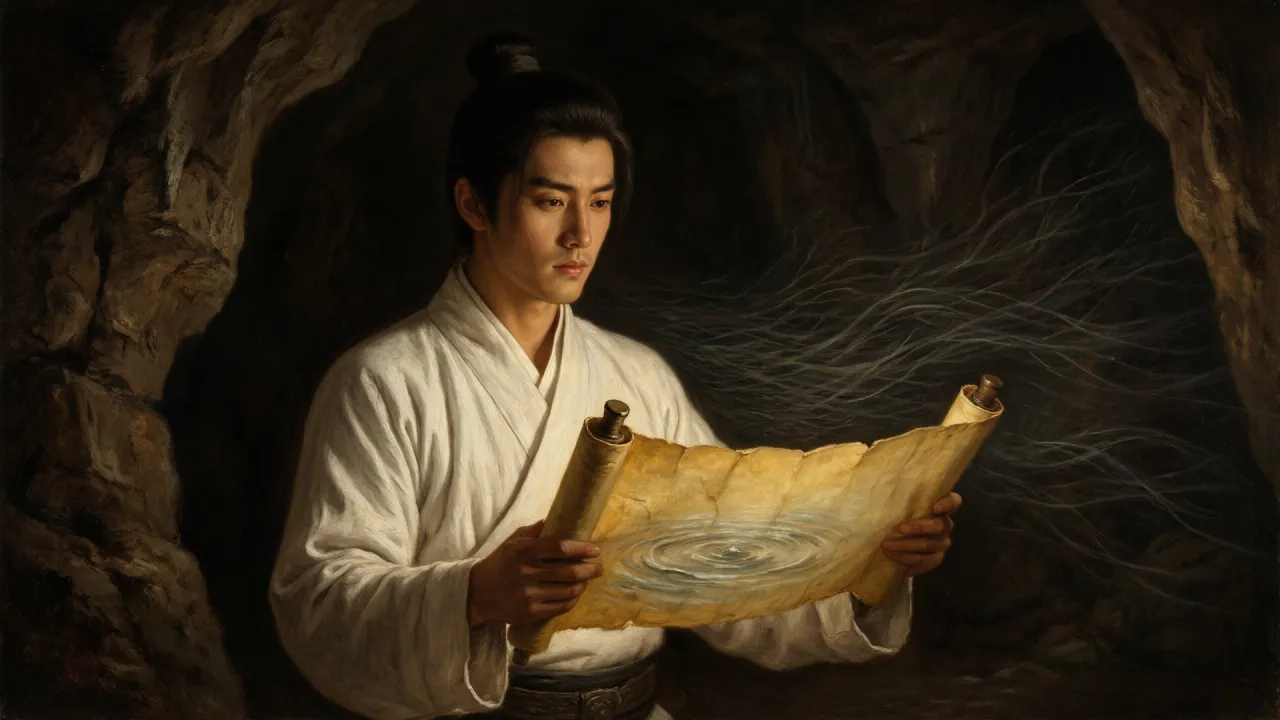古典油画写实：幽深洞窟中，一名白衣青年展开一卷古老帛书，帛上水纹隐现，四周暗影里似有无数气流向他汇聚
