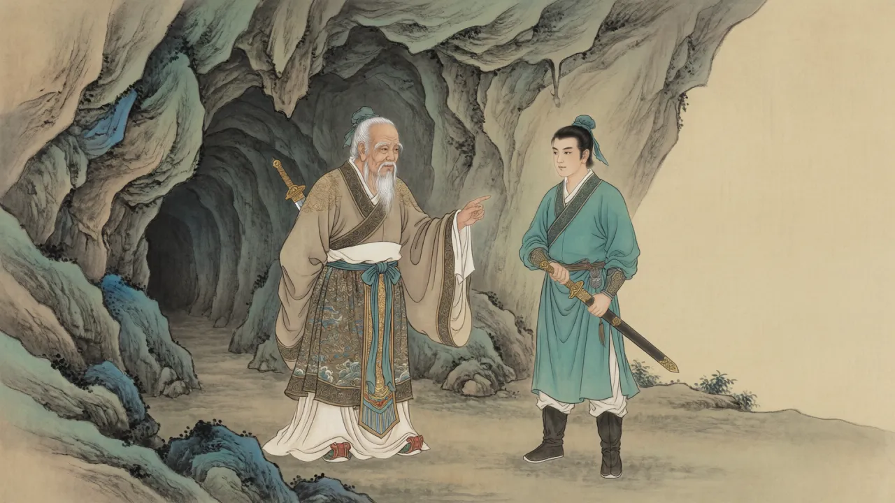 工笔重彩：山洞之内，一位白须老者负手而立指点，一名青年弟子持剑而听，神情豁然开朗