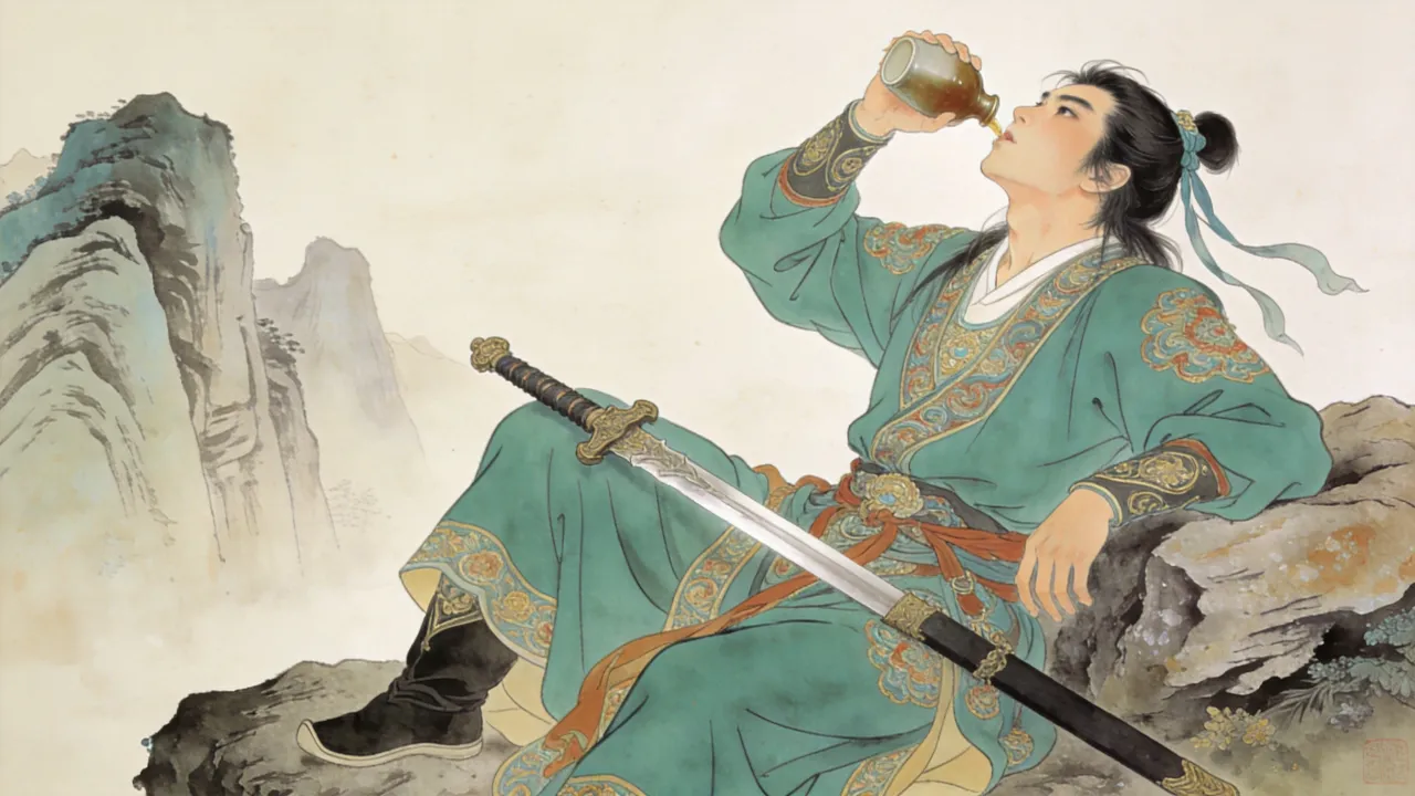 工笔重彩：一名青衫青年斜倚石畔，仰头饮酒，剑搁膝上，神情疏狂不羁，眉眼间尽是天生的洒脱