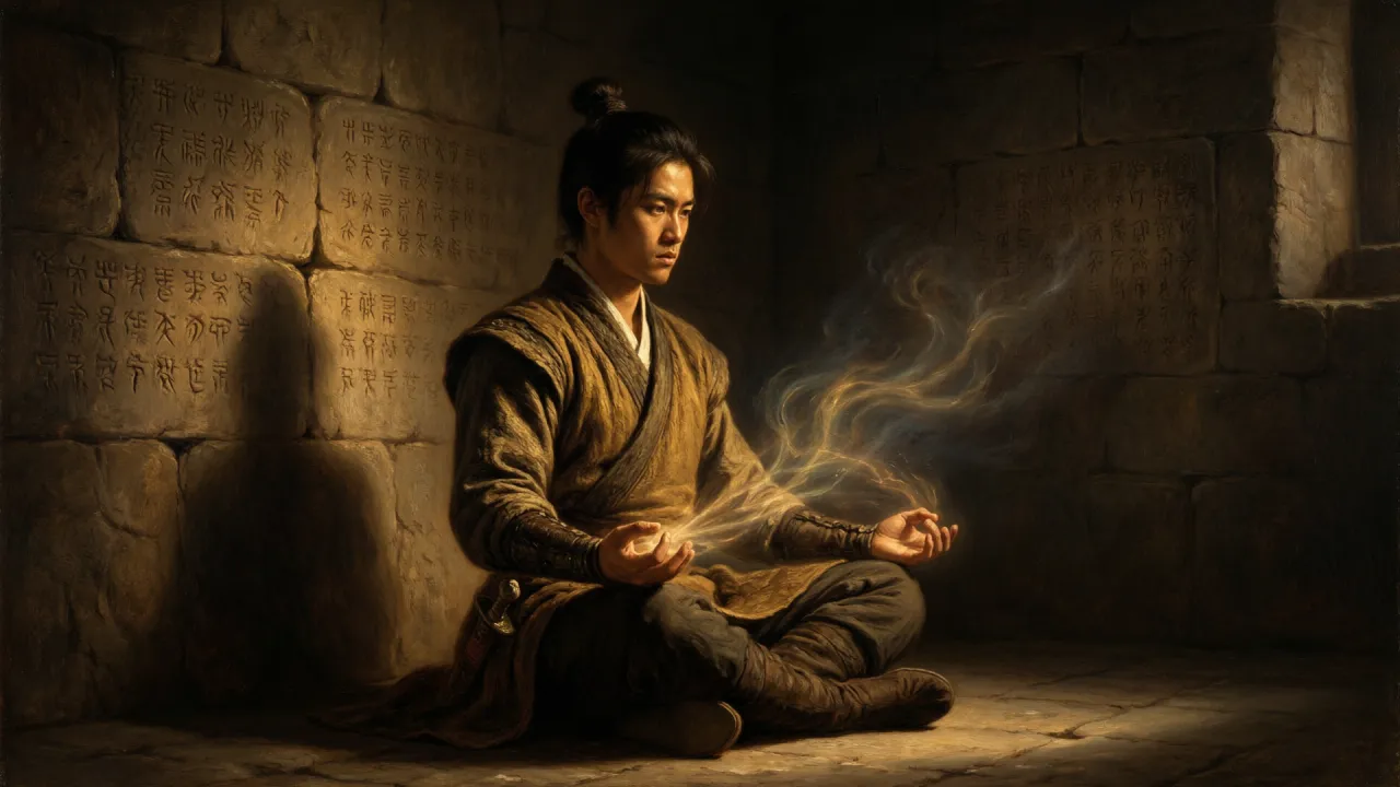 古典油画写实：幽暗的山腹秘道中，一名青年盘膝而坐，周身真气如江河流转泛起微光，四壁石刻森然，强烈的明暗对比