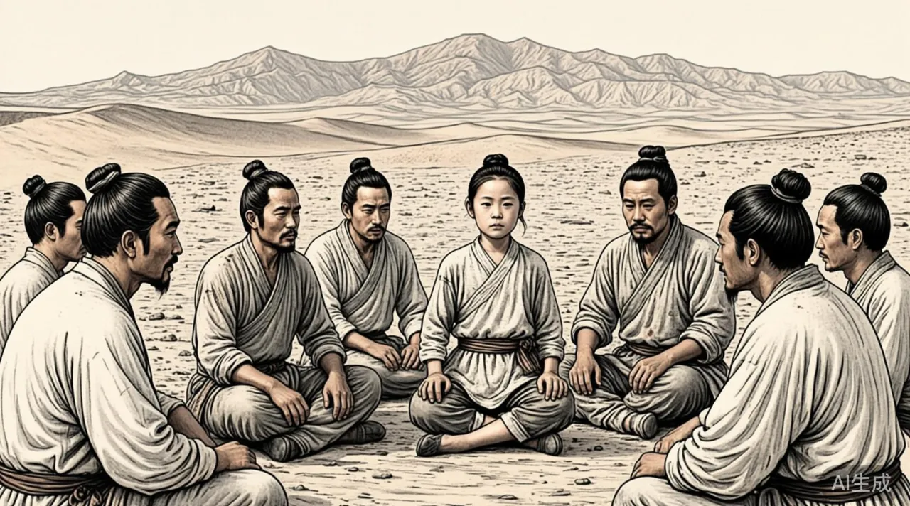 连环画线描：大漠黄沙，几位相貌粗豪的师父围着一个憨厚少年比划教招，少年一板一眼地照做，神情质朴