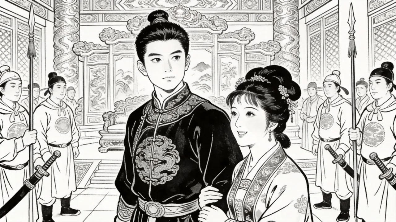连环画线描：金碧辉煌的王府厅堂，一个锦袍少年倨傲而立，身旁华服妇人满脸溺爱，仆从环侍