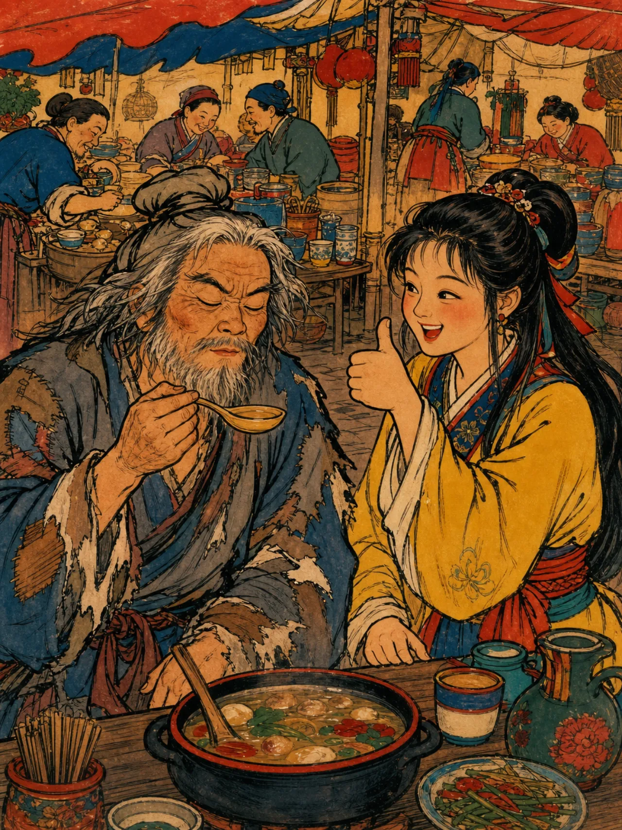 洪七公闭目辨味，黄蓉在旁竖起拇指