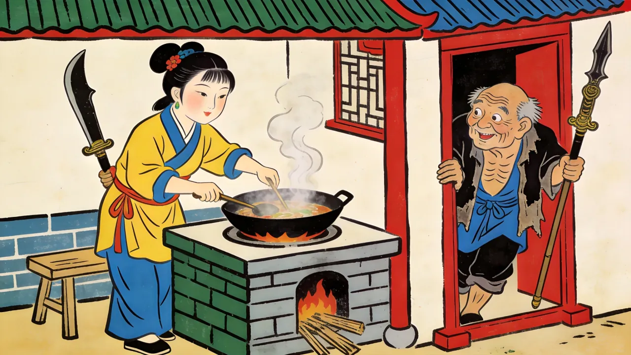 黄蓉在野店灶前做汤，洪七公倚门而候