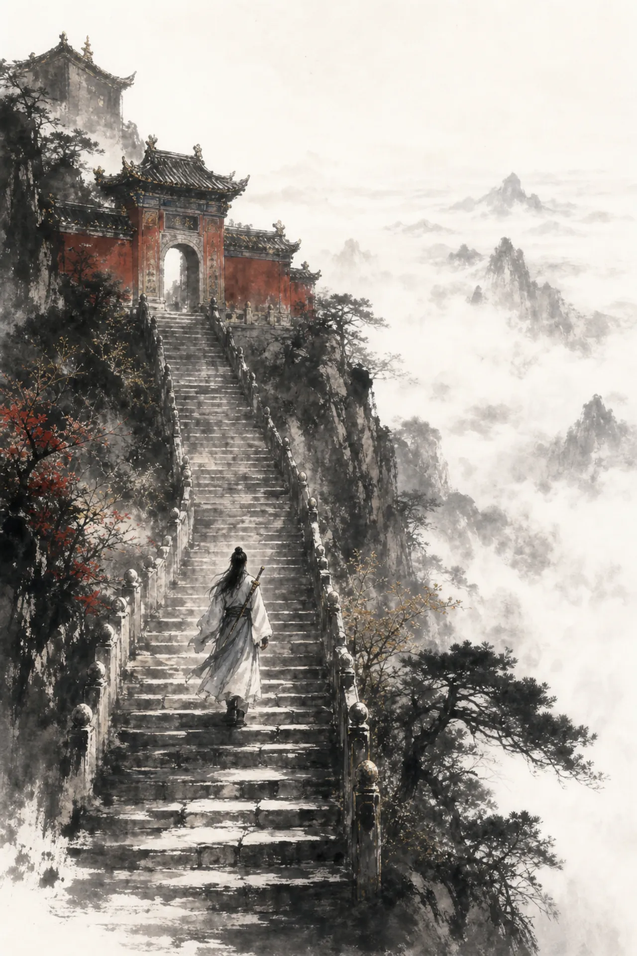 石阶上的年轻背影