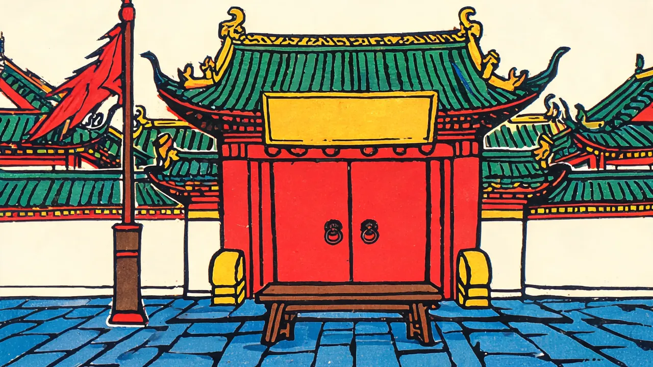 高竖的旗杆与金漆匾额，门前空无一人