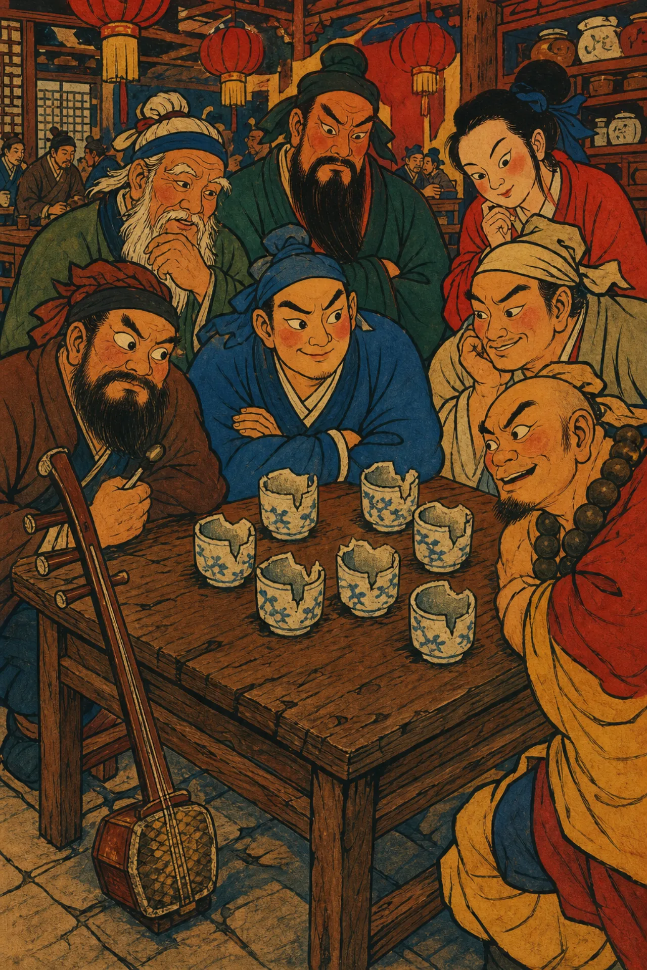 粗瓷茶碗与半截茶杯，桌角一把旧胡琴
