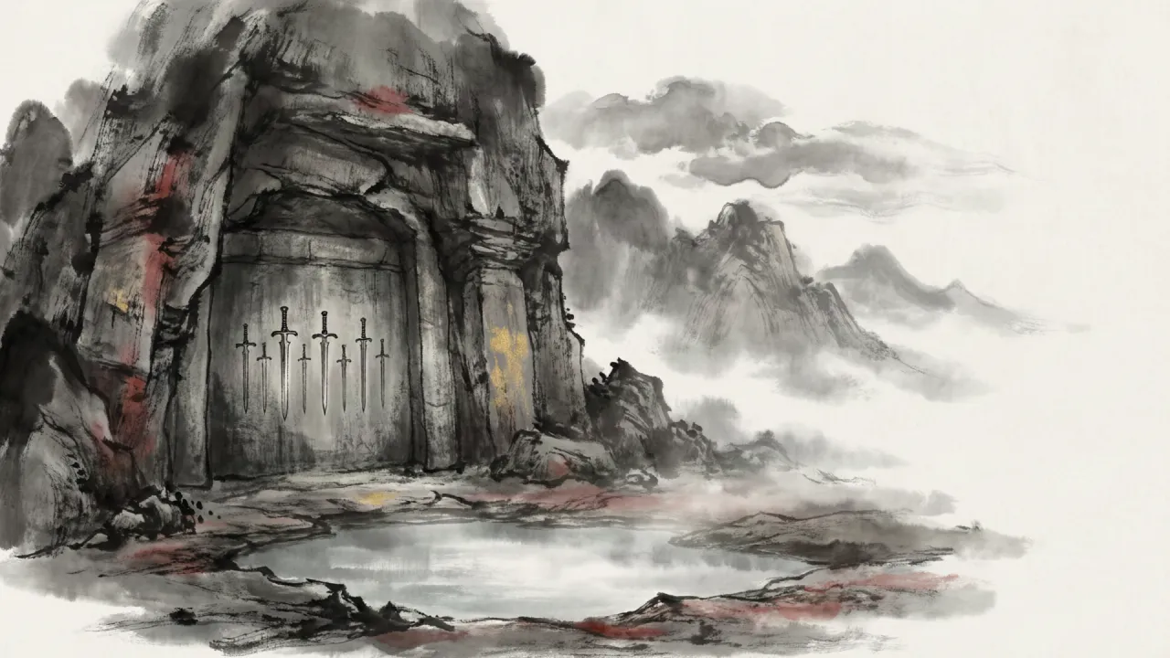 古墓石壁前，一行剑刻的字迹在幽光中若隐若现