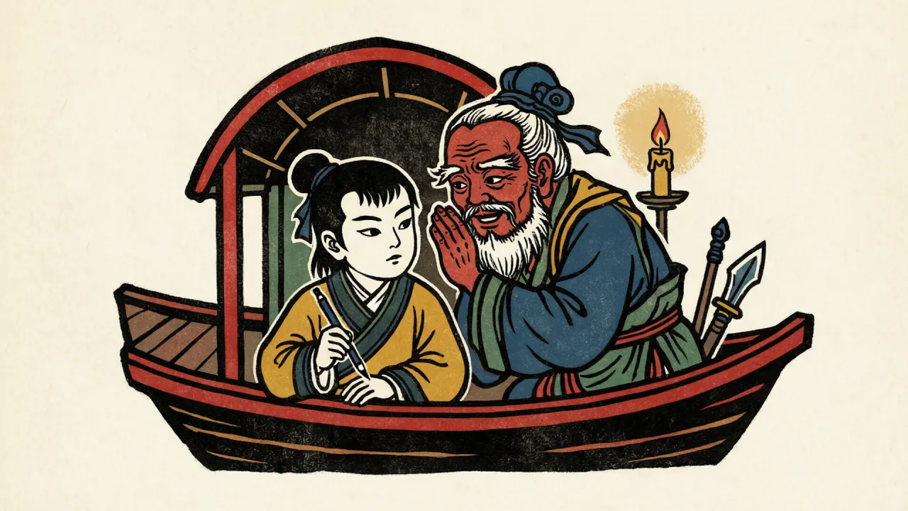 海船甲板之上,一名书生模样的少年伏案疾书,一位老丐在旁袖手而笑