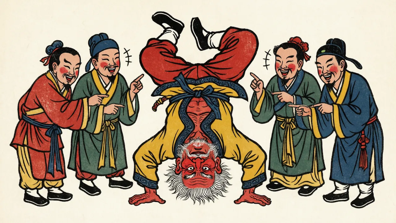 街市年画风格:一个倒立练功的怪人涨红了脸,周围看客指指点点