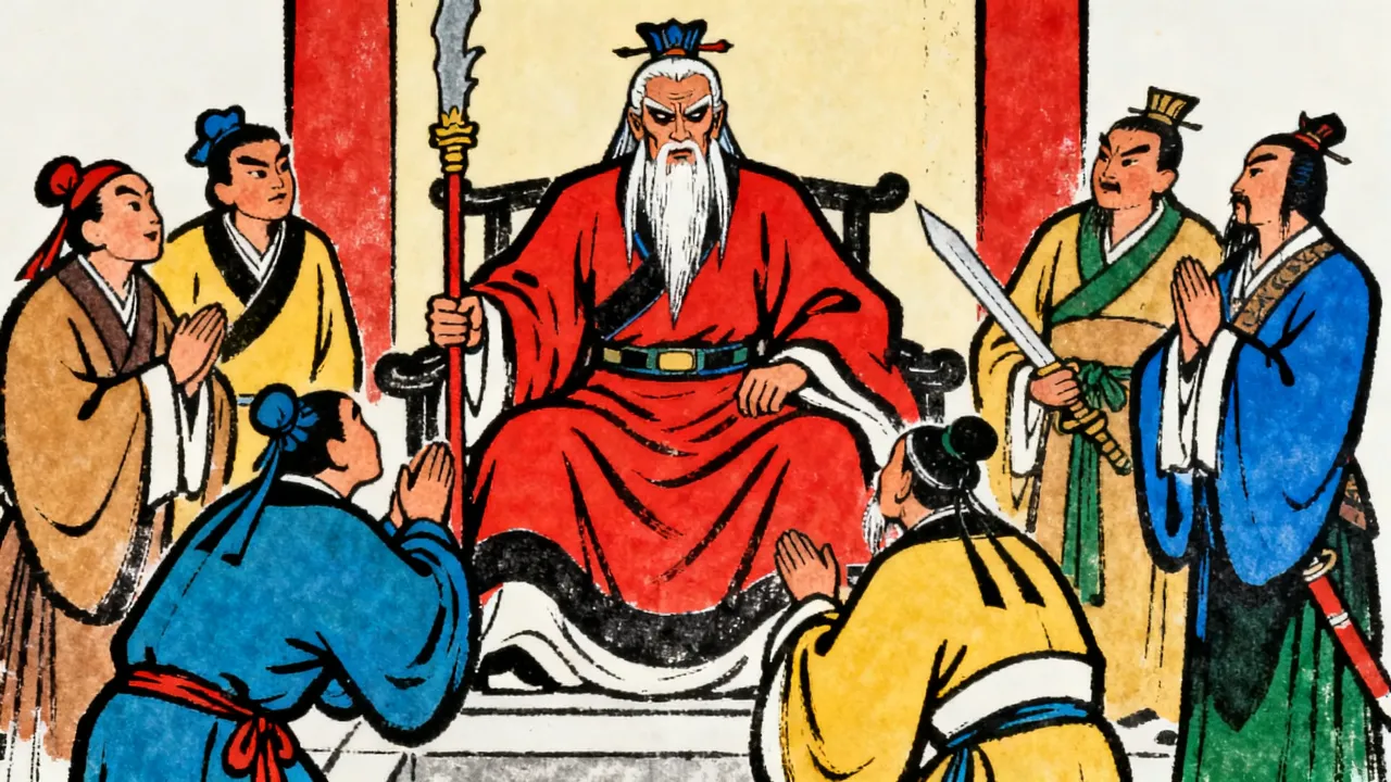 一位面如冠玉、内里阴鸷的老者高坐，身周众人躬身颂扬，无人敢直视其眼