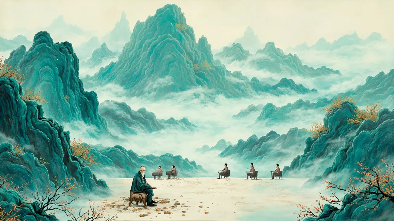 青绿笔意下，庭院空寂，落花满地，一位孤身老者独坐，身旁弟子的座位皆已空置
