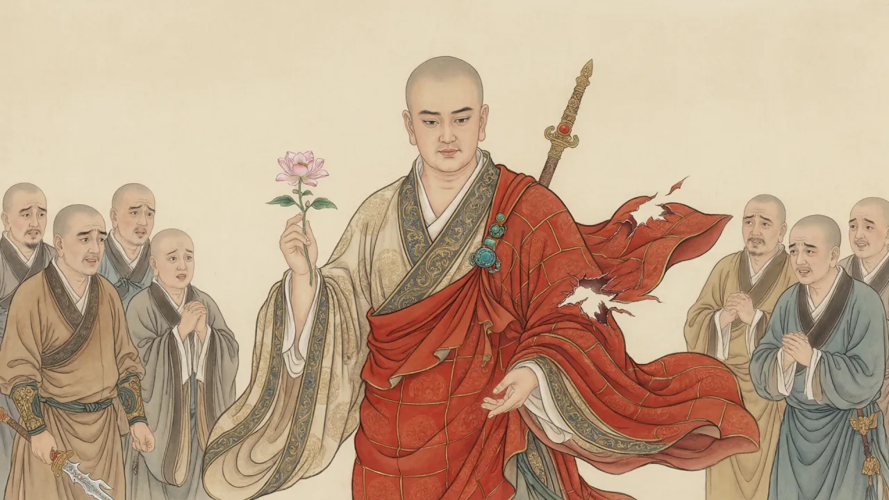 工笔重彩,一位红衣番僧于殿前拈花轻弹,衣袖凌空破孔,众僧动容