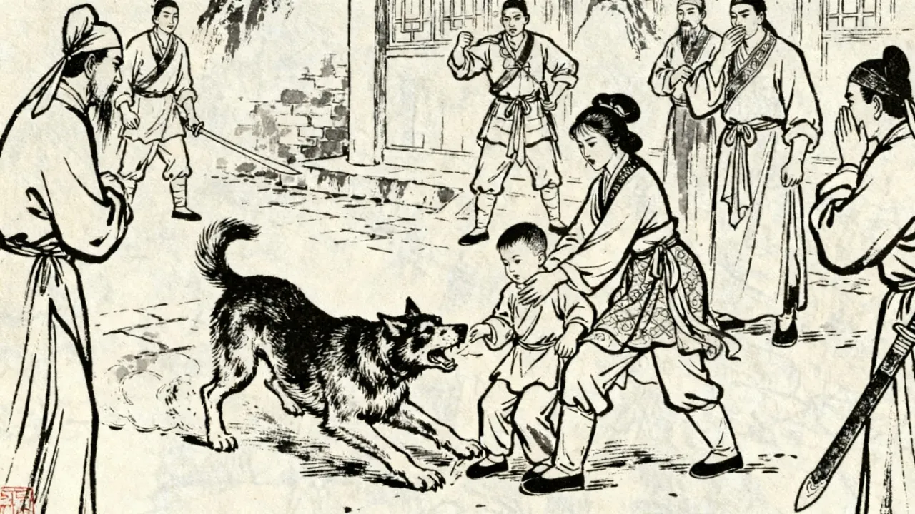 连环画线描，恶犬当街扑咬护子的妇人，家丁呼喝，围观者掩面不敢言
