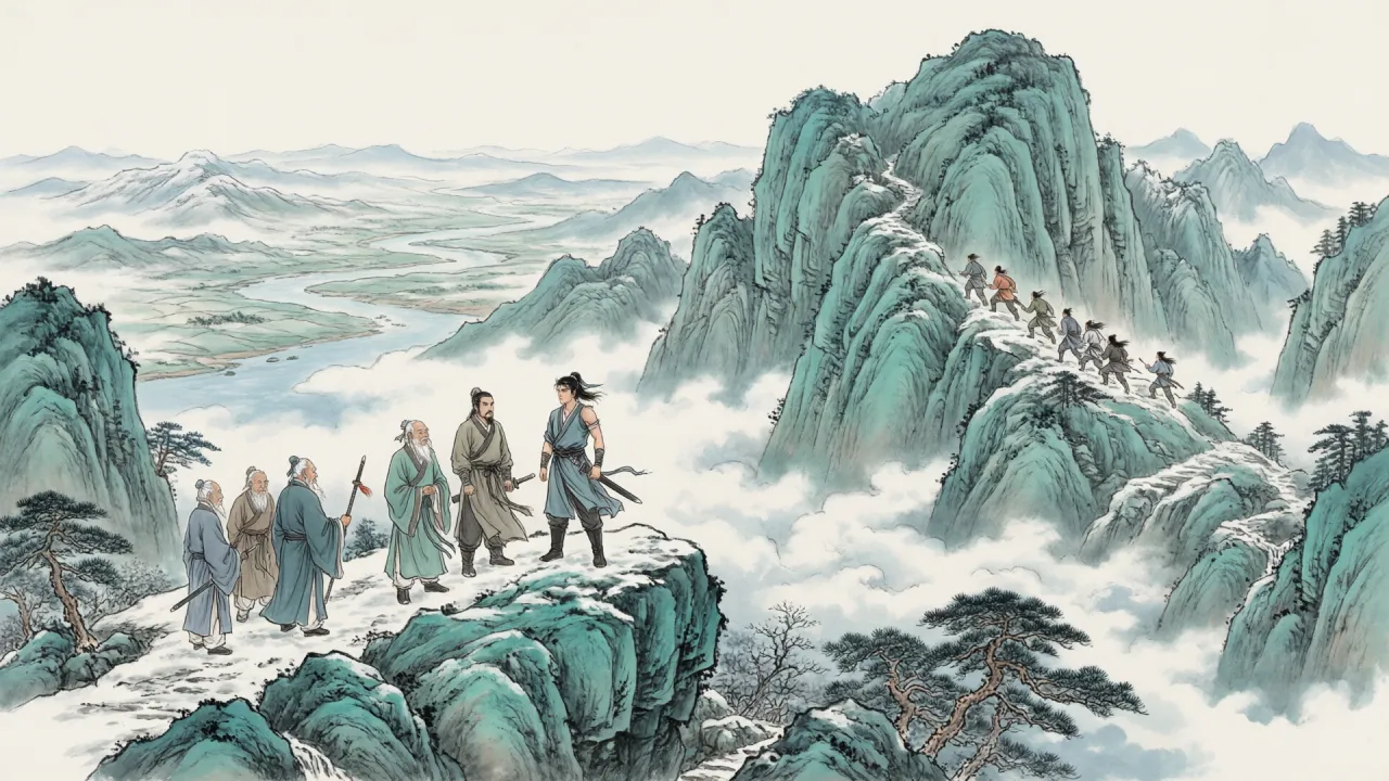 华山绝顶，新旧两代同立云海之上