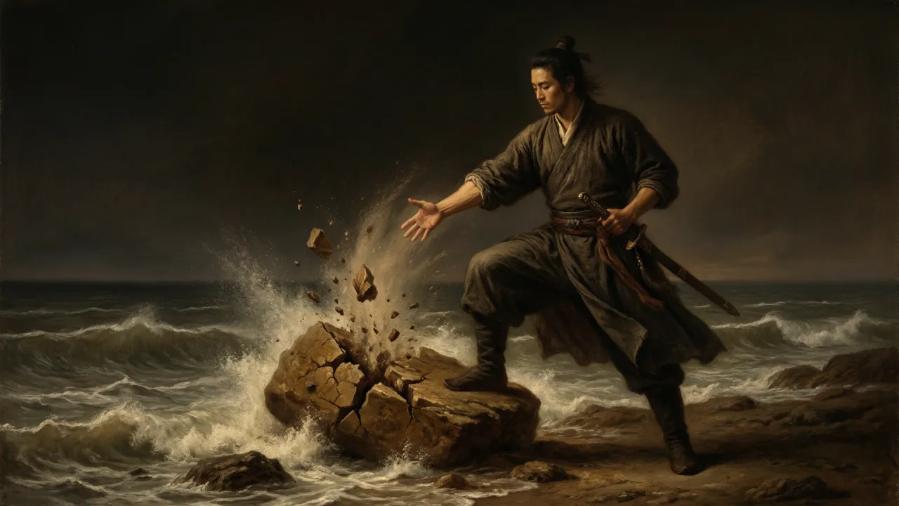 海滨风浪之间,独臂人负手远眺,脚下虚浮,浪头拍碎礁石