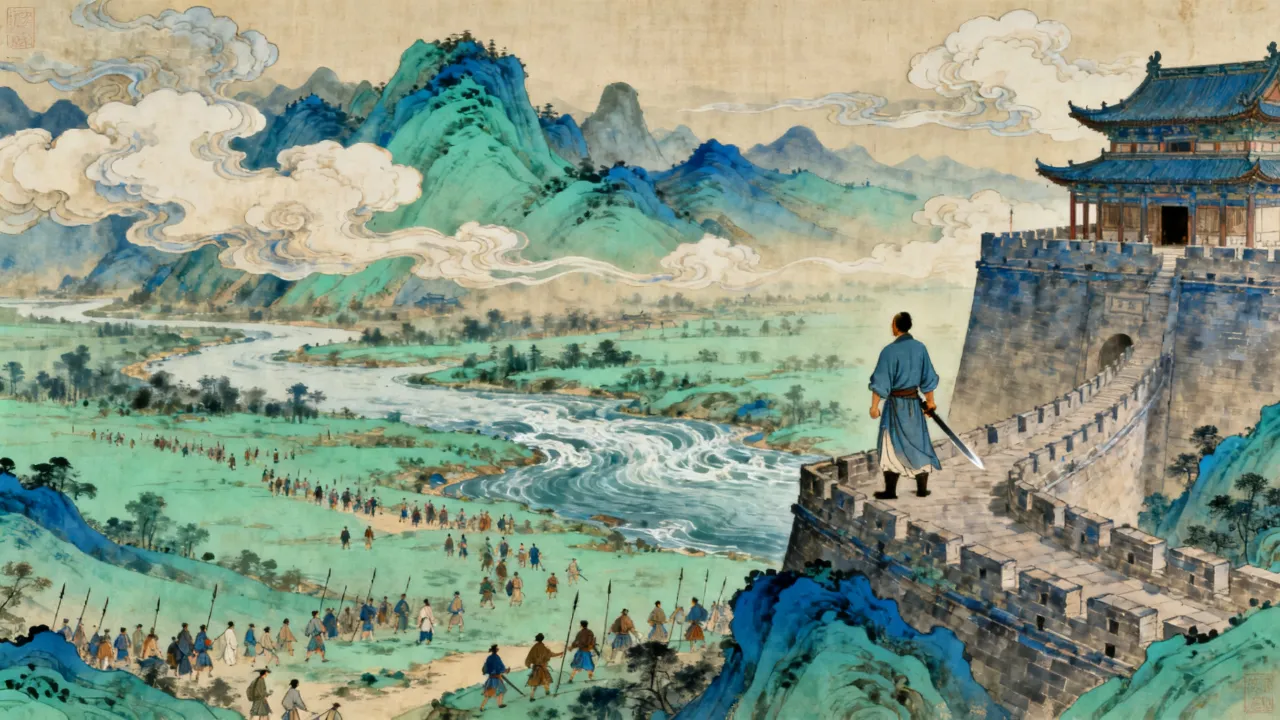 襄阳城头，一人按剑远望汉水，城外难民如潮