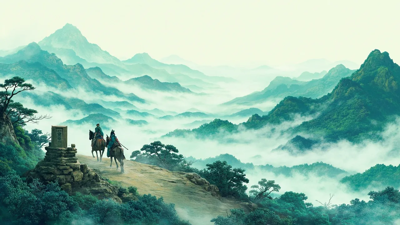 山道上两骑并行，路旁石碑，远处群山苍苍
