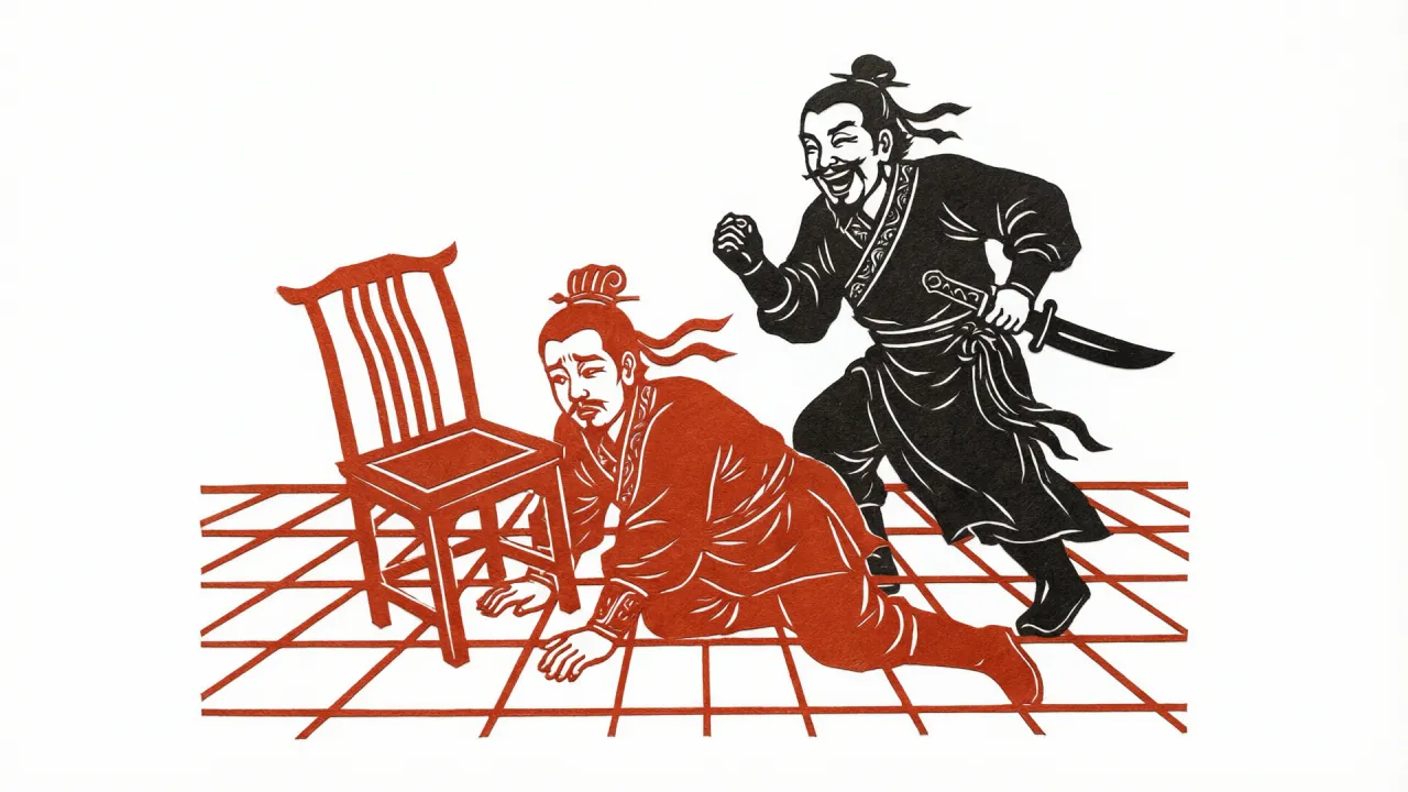 剪纸风格：酒楼中一人连人带椅仰倒在地，另一人持刀站立