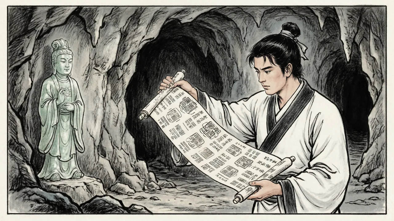 连环画线描：山洞石壁前，青年书生手持帛卷，卷上绘满足印与卦名