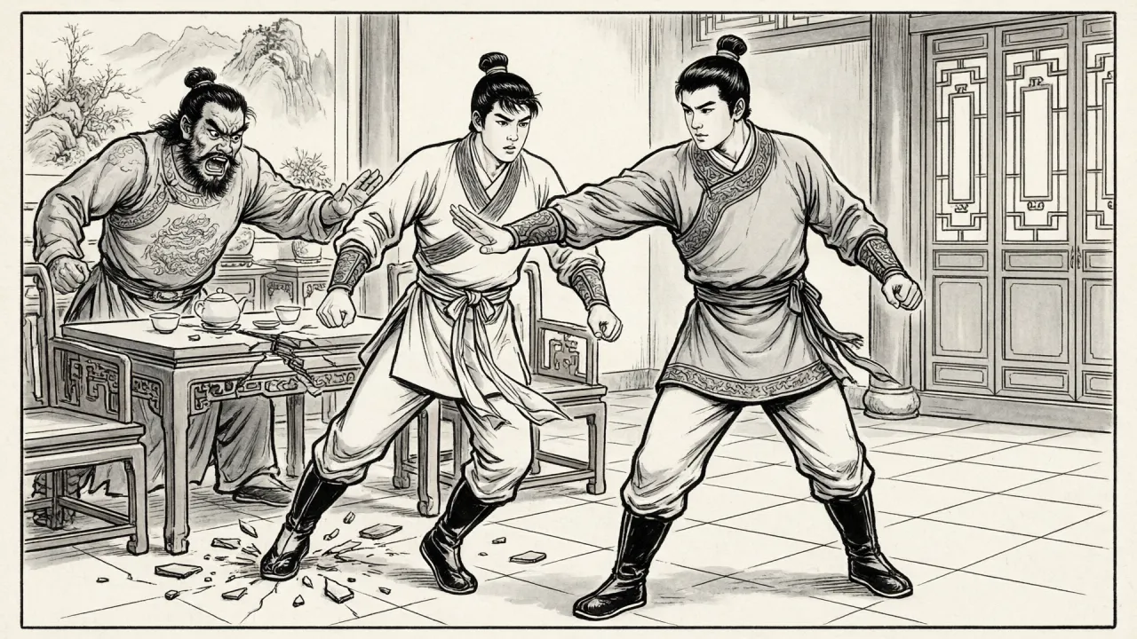 连环画线描：花厅之中，青年斜进直退闪避，壮汉双掌击碎桌椅茶具
