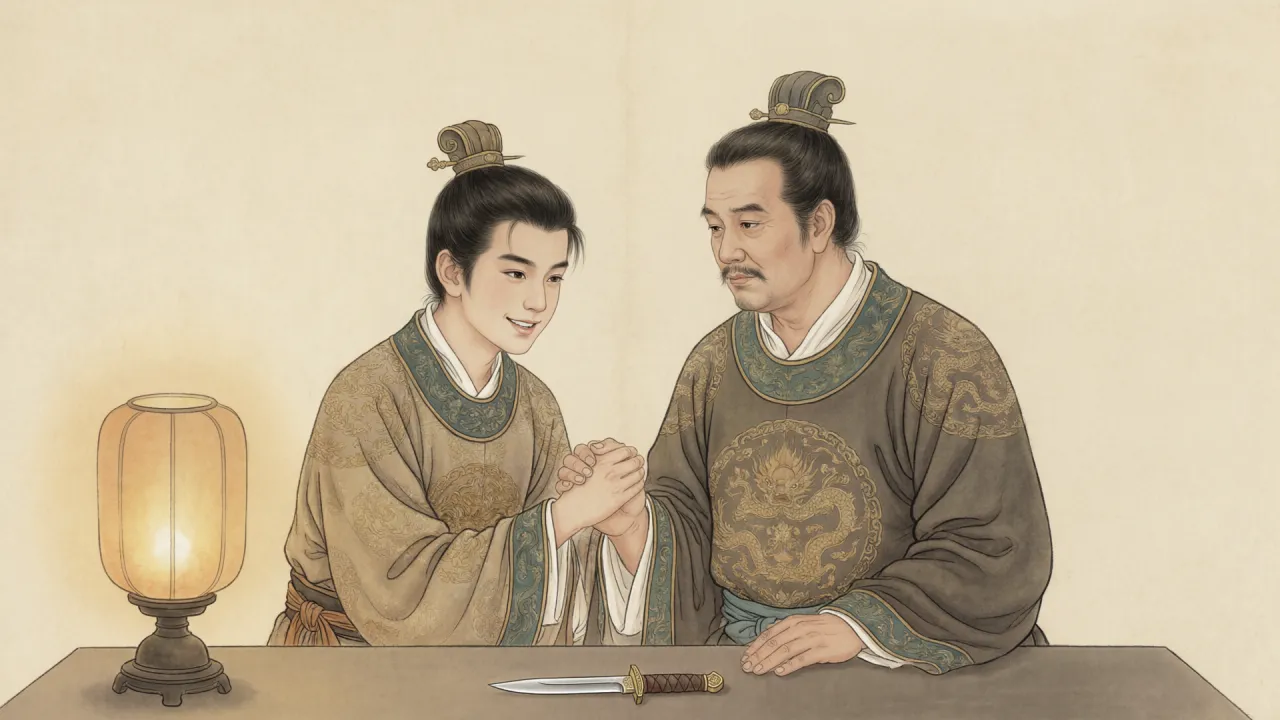 工笔重彩：华服少年与朴拙中年人执手相对，少年目光冷峻
