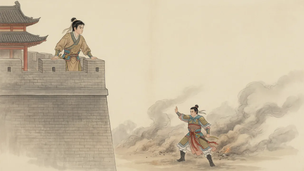 工笔重彩：城头上少年凭垛远望，城下烟尘中一人独战重围