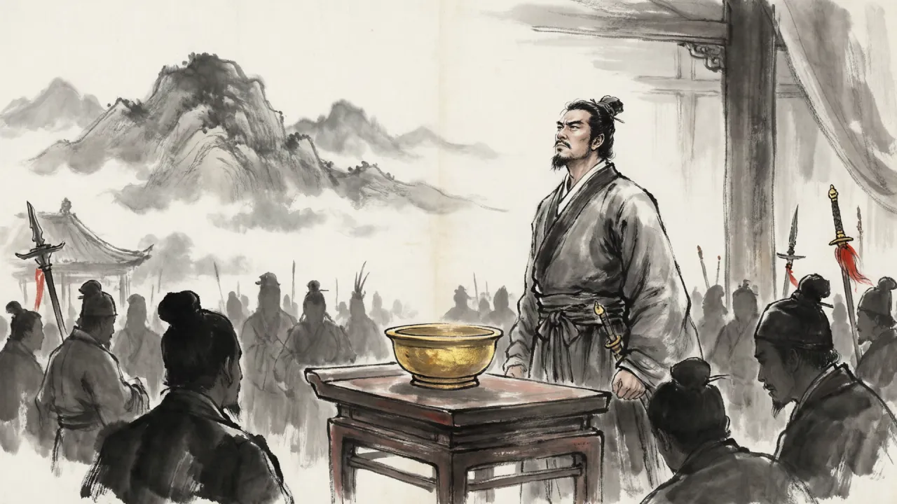 水墨写意：厅堂之上一人昂首独立，四周人影幢幢，金盆置于案前