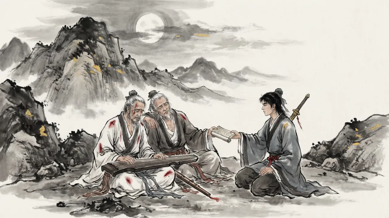 水墨写意：荒山月下，二人并坐，一人抚琴一人吹箫，山影沉沉