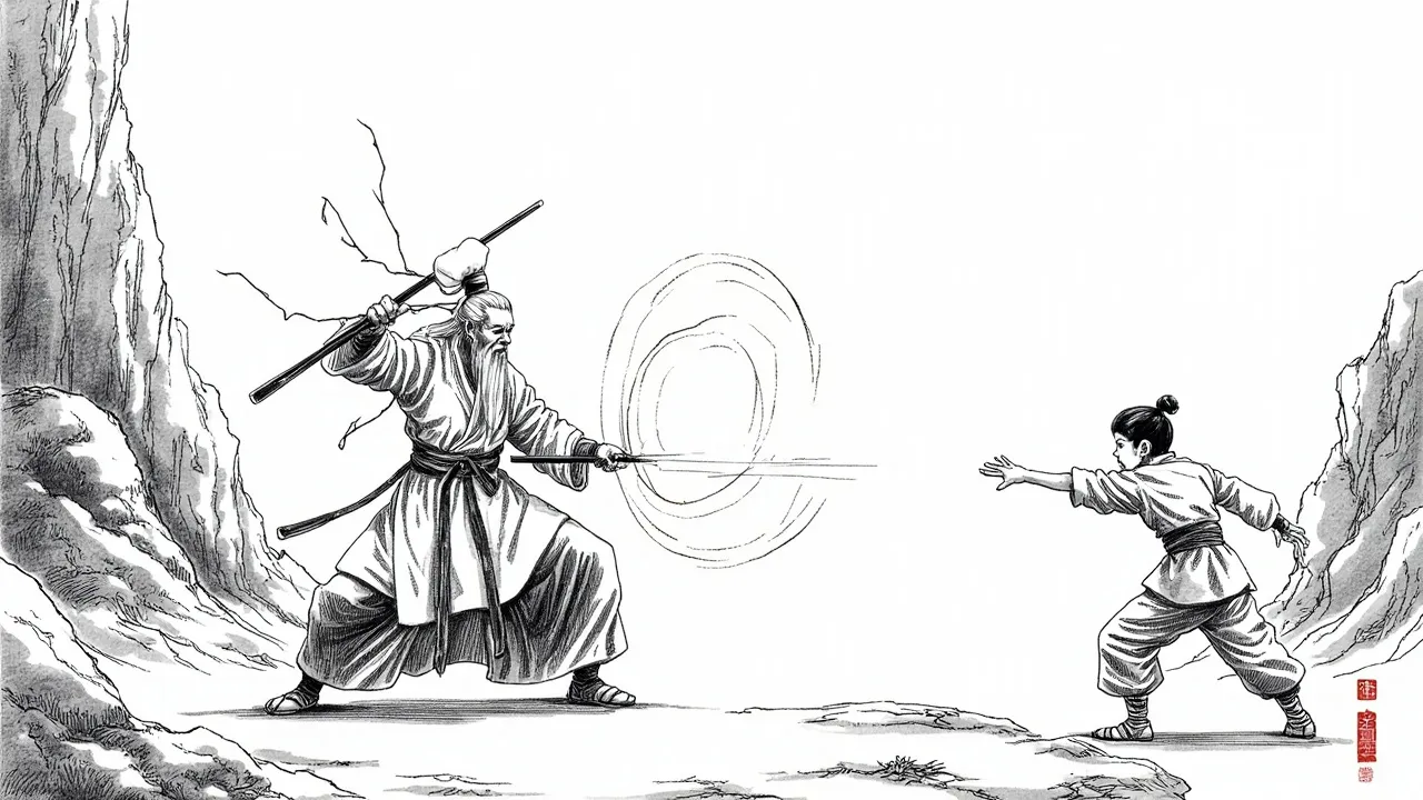 桃花岛山洞中，周伯通左手画方右手画圆，郭靖在一旁苦学