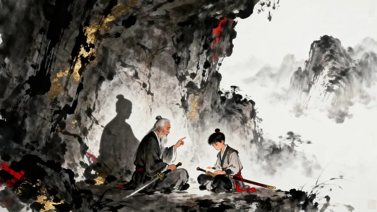 桃花岛山洞中，周伯通逐句教郭靖背诵经文