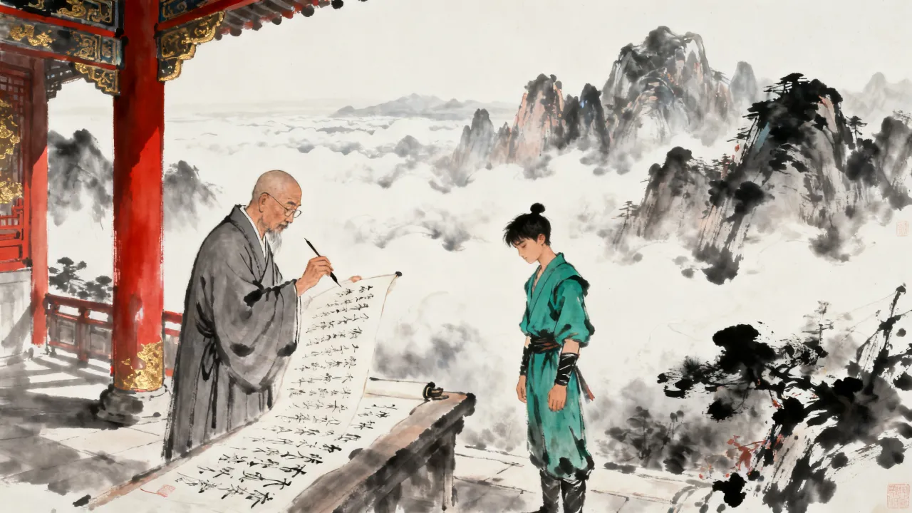 深山禅寺中，一灯大师逐句译经写在纸上