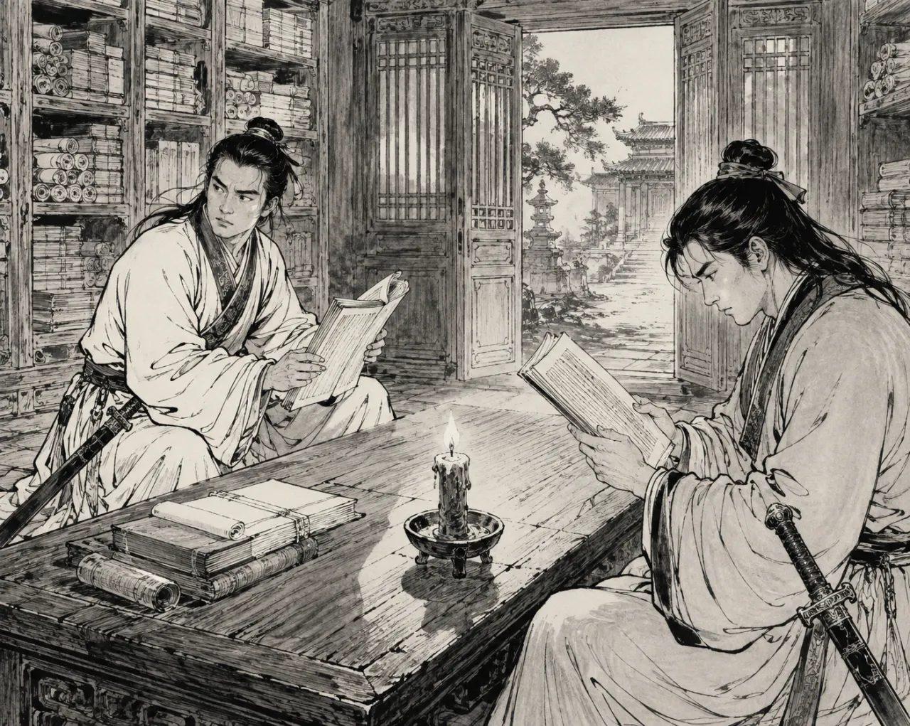 泉州少林寺藏经处，两名华山客各据一半经卷疾读