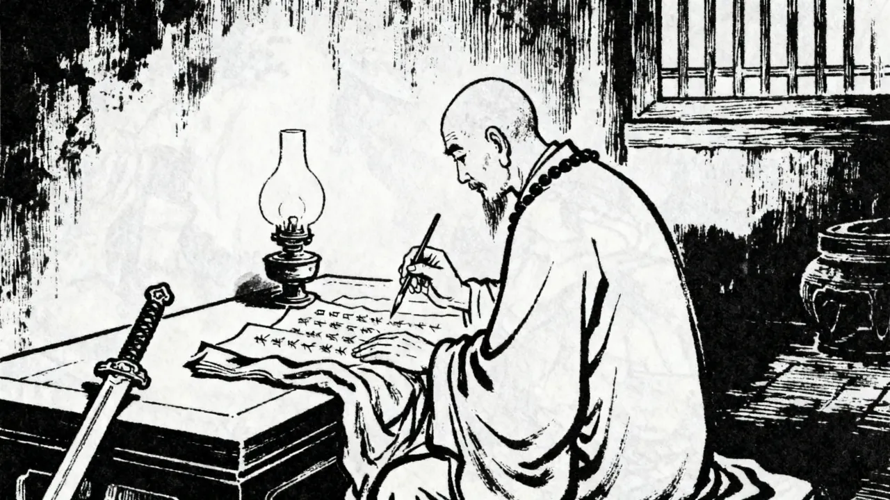 林远图夜半独坐，将白日所听默录于袈裟之上