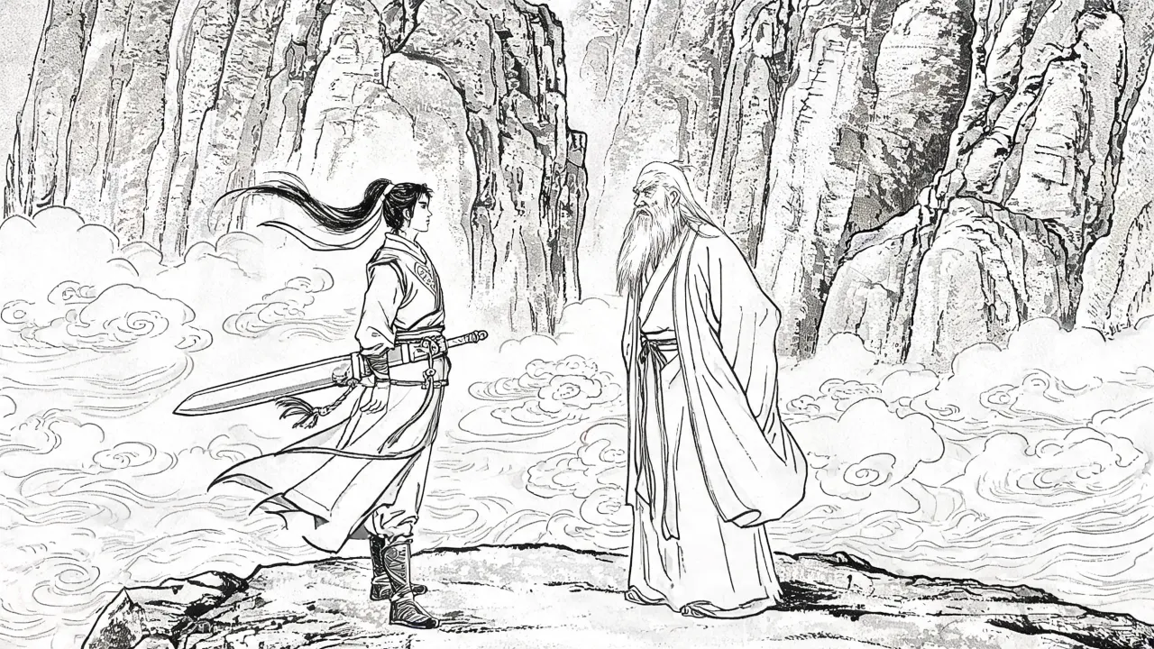 思过崖上，白发老人与年轻弟子对面而立，剑未出鞘