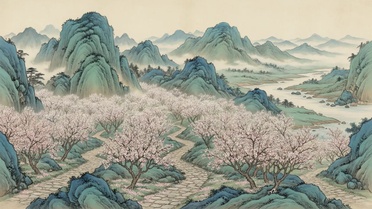 海岛桃林深处，繁花掩住一条条分岔的小径，望不见尽头