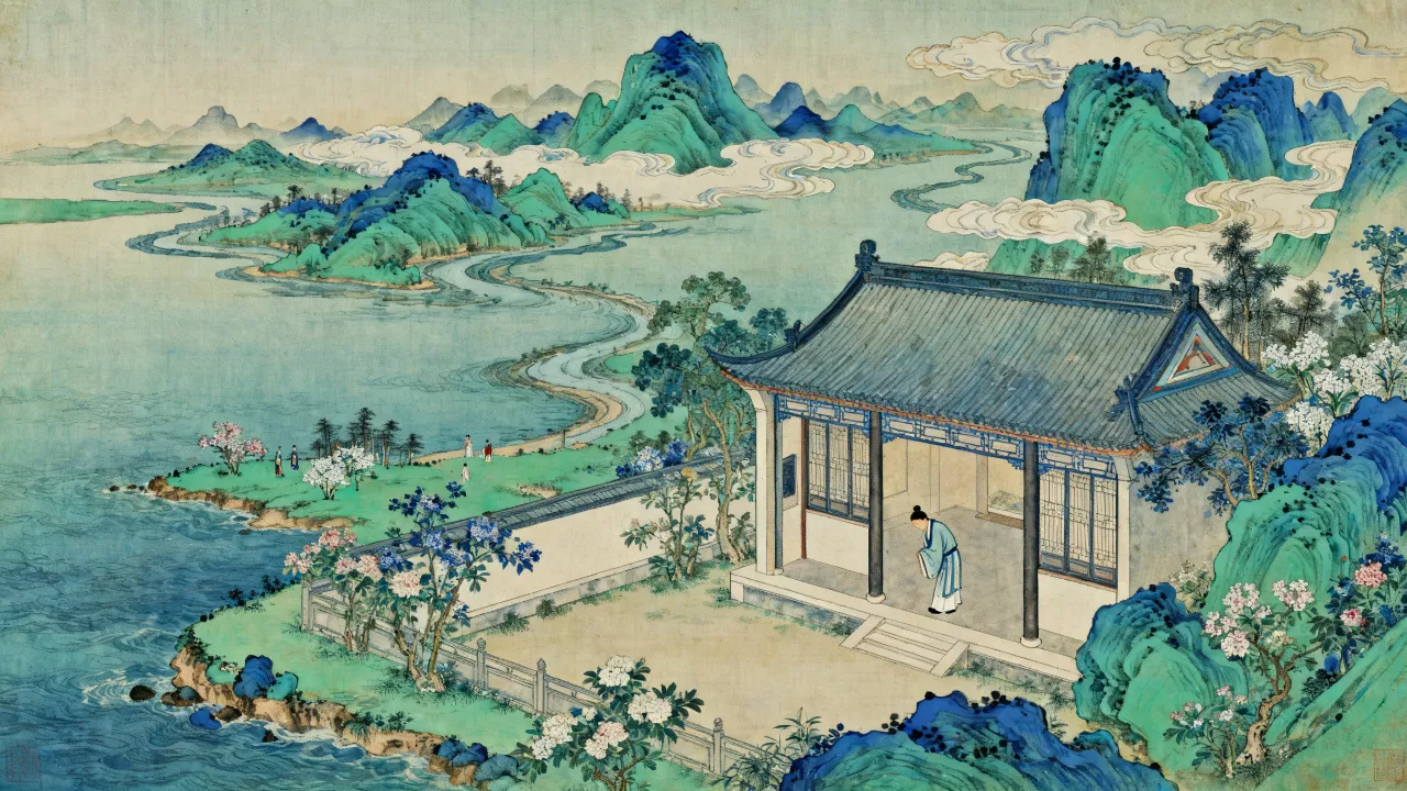空旷的庭院，一名仆役躬身侍立，四下无声